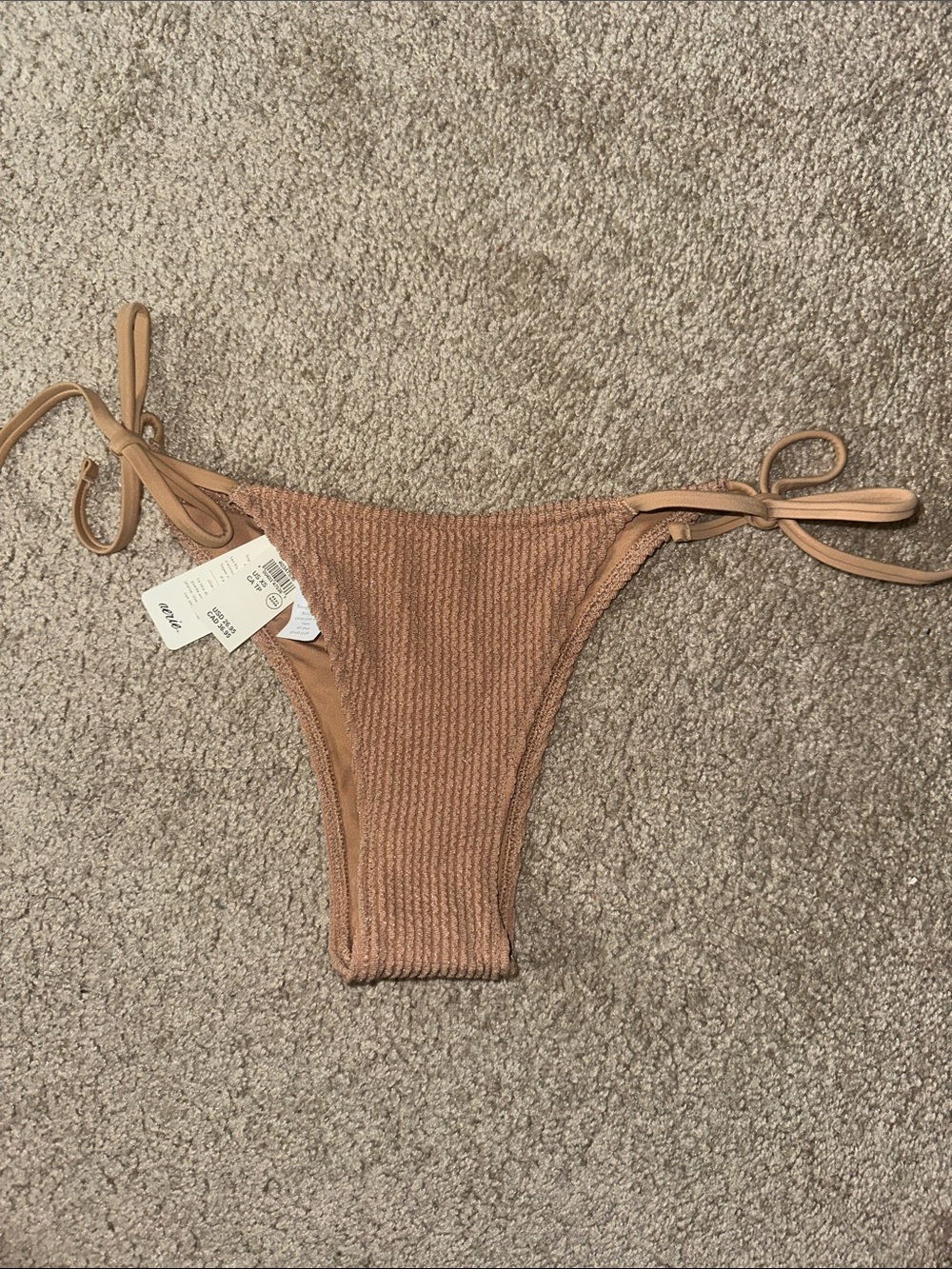 aerie Ribbed Tie-Side Bikini Bottom in Shimmer / Glitter Tan
